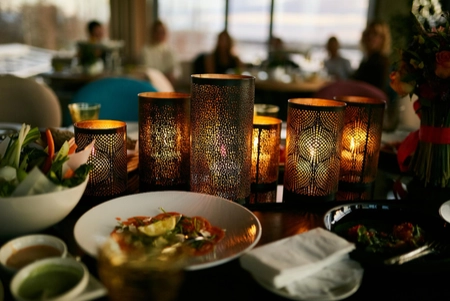 A table displaying Mediterranean cuisine and decor